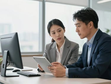 Two professionals in a modern office environment engaged in a focused discussion over a tablet, soft natural office daylight, clean composition.
