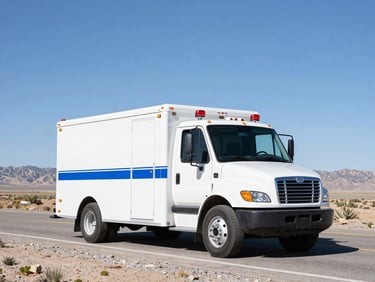 A professional roadside assistance truck with safety lights, parked on a clean Utah highway shoulder under clear blue skies, crisp daylight, 35mm