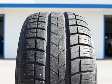 Sharp close-up of high-performance tire tread, bright organized garage bay, crisp daylight, 35mm