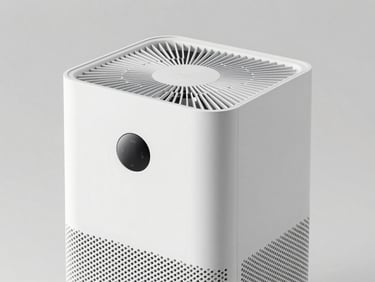 Crisp high-key studio shot of a modern matte white air purifier, soft gray backdrop, sharp focus, 50mm lens