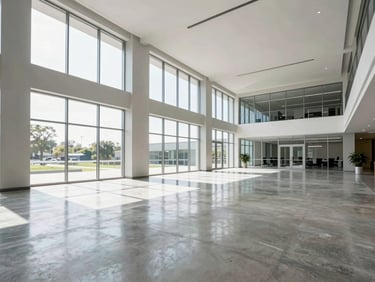 Wide-angle architectural photograph of a pristine, newly completed commercial office lobby with polished concrete floors reflecting bright natural daylight from massive floor-to-ceiling windows, sharp focus.
