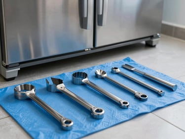 Pristine metallic tools arranged neatly on a protective blue work mat next to a modern stainless steel refrigerator base, bright cool lighting.