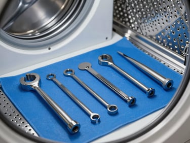 Pristine metallic tools arranged neatly on a protective blue work mat next to a washing machine drum belt, cool LED lighting.