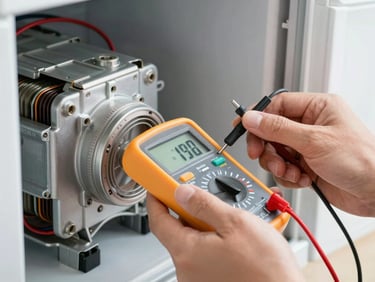 Close-up of clean hands using a digital multimeter to test a refrigerator compressor coil, sterile white background.