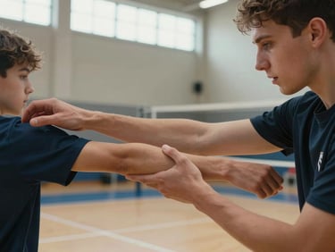 Close-up court-level framing, coach crouching beside a teenage athlete demonstrating forearm passing form at the net, gym floor lines visible in foreground, natural daylight from high clerestory windows, coach's hand adjusting player's arm angle, focused instructional moment, no spectators