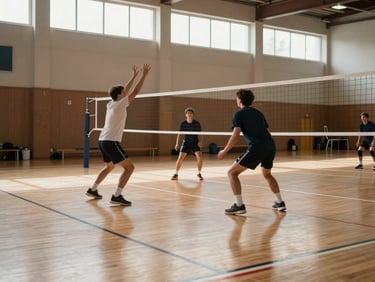 Court-floor level wide shot, two players in mid-rally — one setting with hands high, one in defensive stance — net visible across the full frame, gym daylight from high windows, court boundary lines sharp in the near foreground