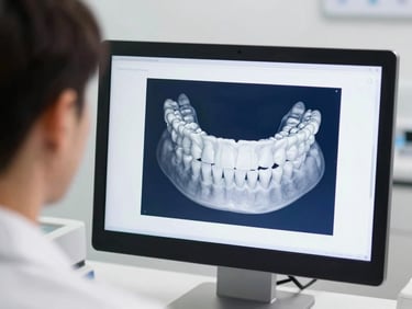 Over-the-shoulder shot of a technician analyzing a 3D digital dental scan on a high-resolution display, clean clinic environment