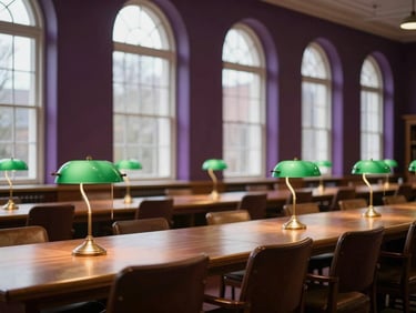 scholarly editorial photography, quiet university library reading room with high arched windows, green desk lamps, and long study tables.