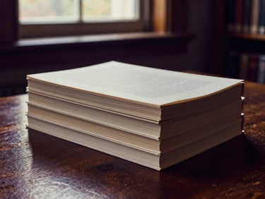 scholarly editorial photography, low-contrast shadows, 35mm. Monograph spines stacked neatly on a dark wood library table, soft window light highlighting the paper texture.
