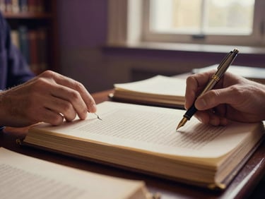 scholarly editorial photography, warm library window light, deep violet and gold tones, shallow depth of field, 35mm. Close-up of hands marking up physical manuscript pages with a classic fountain pen.