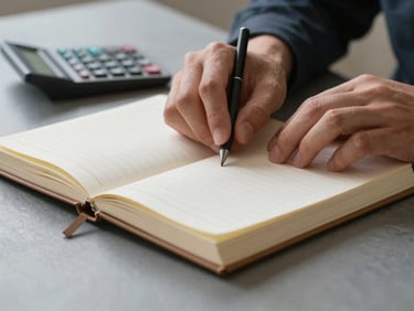 Tight macro shot of hands working with a physical logbook and calculator on a slate gray desk, natural overcast daylight.