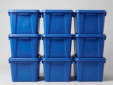 Clean studio shot of durable blue plastic storage containers stacked symmetrically, high-clarity lighting.