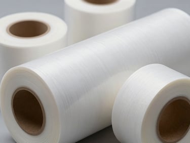 Macro shot showing material thickness of industrial plastic stretch film rolls, bright neutral studio lighting, zero dramatic shadows.