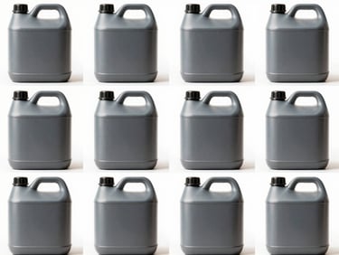 Straight-on product grid of identical industrial cleaning canisters with secure caps, bright studio lighting, sterile white background.