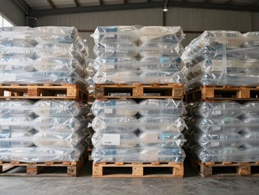 Bright, neutral, high-clarity daylight-filled warehouse environment showing neatly stacked bulk pallets of industrial plastic packaging, straight-on perspective, zero dramatic shadows.