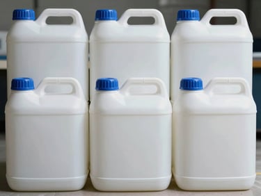 Straight-on product grid of white industrial cleaning canisters with blue caps, sterile bright environment, high-clarity studio lighting.