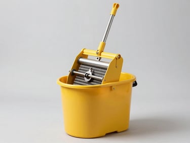 Clean studio shot of a heavy-duty yellow industrial mop bucket and wringer, bright neutral lighting.