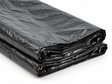 Straight-on product shot of heavy-duty black industrial trash bags folded neatly, bright shadowless lighting.