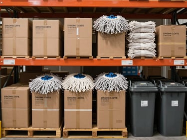 Organized warehouse shelving showing bulk boxes of industrial mop heads and commercial waste bins, bright neutral lighting, straight-on framing.