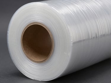 Close-up macro shot of a thick transparent plastic stretch wrap roll, showing material clarity and thickness, neutral studio lighting.