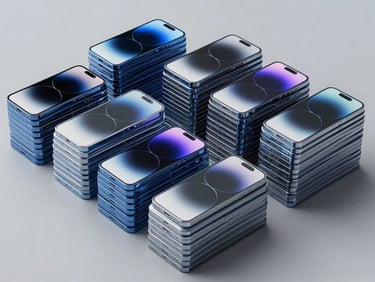 Piles de smartphones et tablettes emballés pour l'expédition, éclairage de studio net, fond industriel gris.