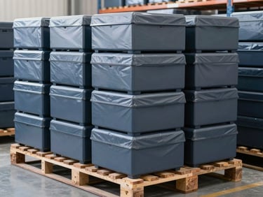 Ordinateurs portables empilés sur une palette de transport, emballage protecteur, lumière froide d'entrepôt.
