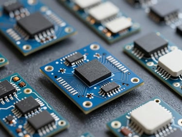 Gros plan sur des circuits imprimés et des puces électroniques, macro-photographie nette, tons bleus et blancs.