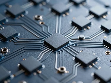 Vue macro d'un circuit imprimé complexe et propre, éclairage de studio froid, tons bleus et gris.