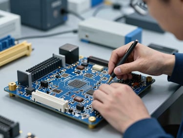 Main gantée d'un technicien inspectant des composants électroniques sur une carte mère, éclairage de laboratoire net.