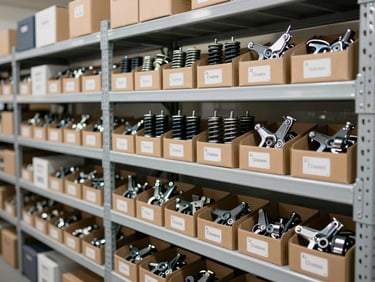 Organized warehouse shelving with neatly labeled boxes of mechanical spare parts, gas springs, and clinical castors, bright neutral lighting