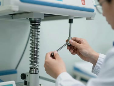 Close-up of a technician's hands in a clean uniform adjusting a hydraulic gas spring lever under a hospital bed frame, bright neutral lighting