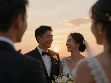 A joyful bride and groom laughing together at sunset, viewed through a warm, candid guest-perspective snapshot, soft golden hour lighting.