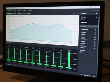 High-contrast digital interface of the fluxvu software, displaying clean water consumption charts, real-time flow indicators in signal green, and localized telemetry data.