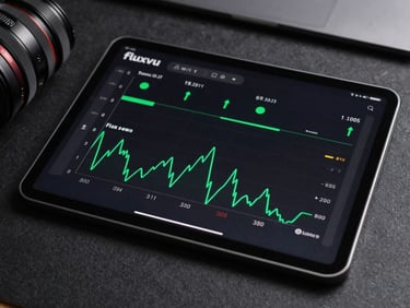 High-contrast flat-lay mockup of the fluxvu digital dashboard interface on a tablet screen, showing flow rate charts with active status indicators in signal green.
