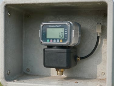 Macro shot of a ruggedized physical smart water meter with digital telemetry module installed inside a clean concrete utility box, natural bright daylight.