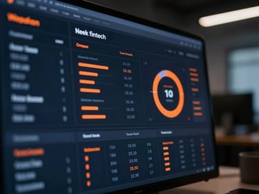 Sleek fintech dashboard close-up showing positive metrics, low-key ambient office lighting with sharp neon orange accents, shallow depth of field, high-contrast data visualization.
