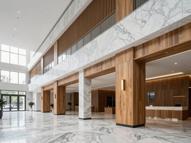 Organized modern building lobby with marble floors, clean architectural lines, soft overcast daylight.