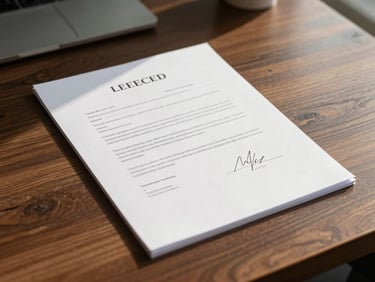 Close-up of a signed lease document on a dark wood desk, warm morning light, professional architectural office setting.