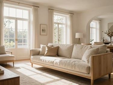 Bright, airy living room with light oak furniture and cream linen textiles, soft natural sun pouring through large windows, architectural composition, 35mm