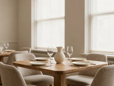 Bespoke dining area styled with light oak table, cream ceramics, and soft neutral linens, warm diffused window light, editorial interior photography, 35mm