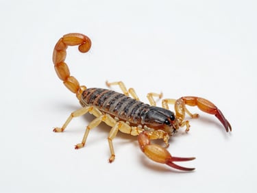 Clinical macro photo of a Brazilian yellow scorpion, Tityus serrulatus, on a sterile white background.