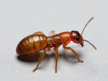 Detailed macro educational shot of a drywood termite on a clean neutral grey background, sharp scientific focus, high clarity.
