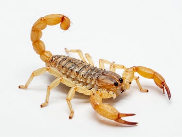 High-resolution clean macro-photography of a yellow scorpion on a white sterile background, clinical style.