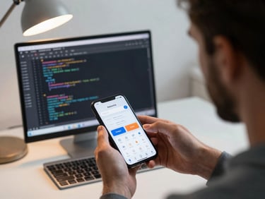Over-shoulder view of a developer reviewing a mobile app interface on a physical Android device, code editor open on a second monitor, desk lamp glow supplementing daylight