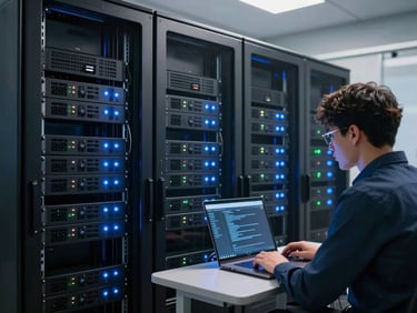 Wide shot of a server rack room with blinking status lights, a developer in the foreground studying terminal output on a laptop, cool blue ambient light from rack indicators
