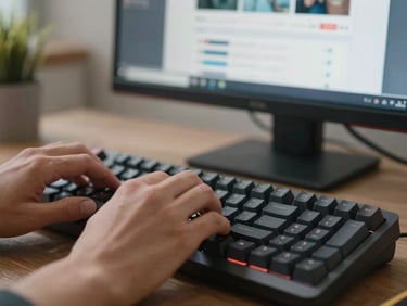 Close-up of hands typing on a mechanical keyboard, a browser window with a deployed web application visible on the monitor in the background, natural office daylight