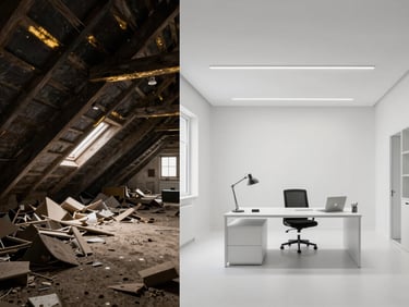 Split screen style showing a dusty cluttered attic on the left and a pristine modern white office with clean lines on the right, architectural photography