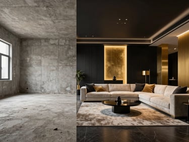 Split screen style showing a rough unfinished concrete living room on the left and a luxurious clean living room with gold accents on the right, dramatic lighting