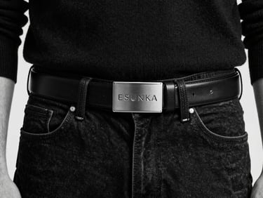 Close-up black and white shot of a textured leather belt with a minimalist metal buckle, sharp focus on material and craftsmanship, high contrast, 35mm