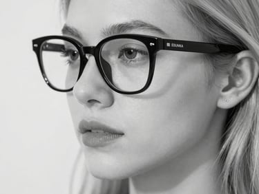 Close-up black and white shot of a matte black eyewear frame, sharp focus on texture and clean lines, high contrast, minimalist background, 35mm